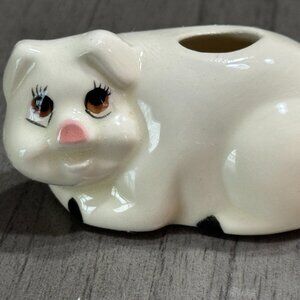 Vintage Ceramic Pig Figurine White Cute Eyelashes Mini Planter